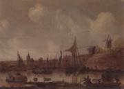 unknow artist, A River landscape with ferries and other shipping,a church beyond